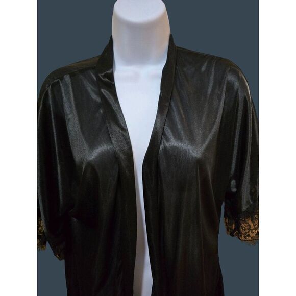 Black Lace Trimmed Kimono-Style Robe Sheer Details whimsygoth glam intimate goth - Picture 2 of 7